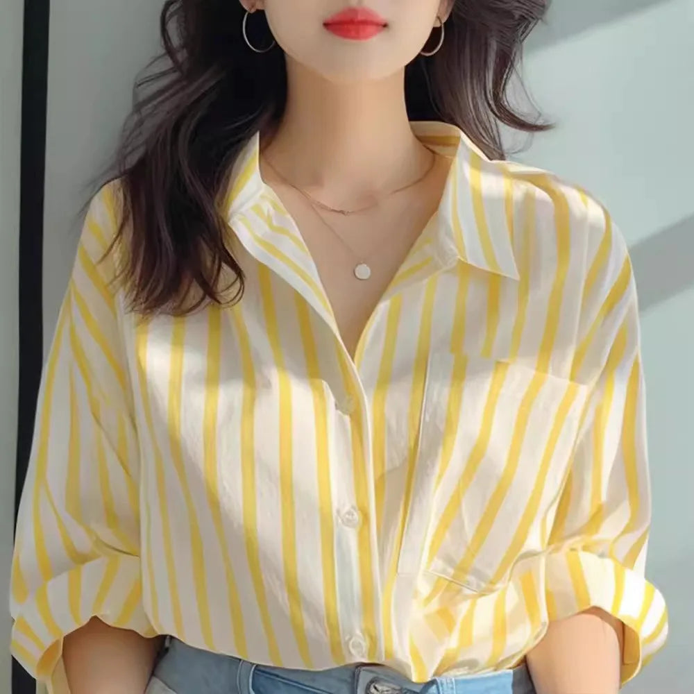Women's Striped Shirt - Vertical Stripe Turn-Down Collar Long Sleeve Blouse