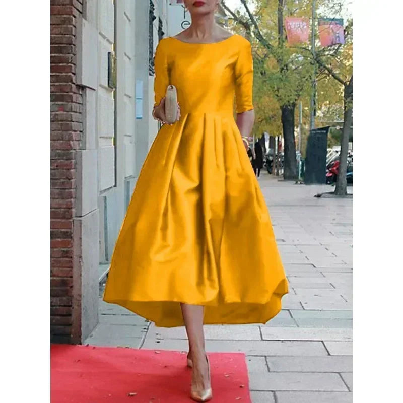 Women's A-Line Midi Dress Half Sleeves O-Neck Pleated Elegant Evening Dress