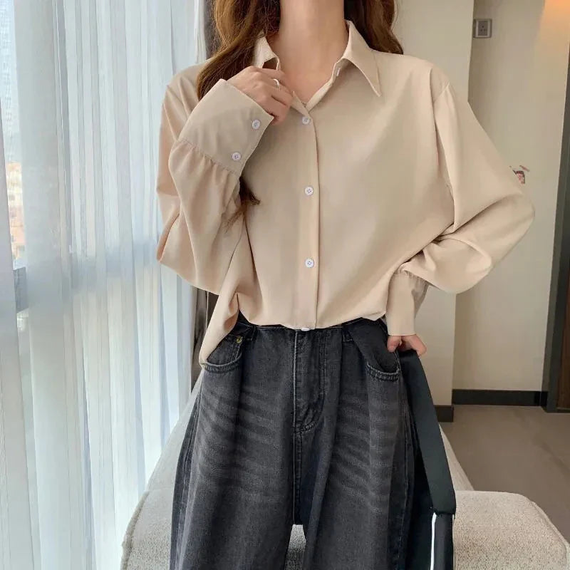 Women's Chiffon Button-Up Blouse - Loose Long Sleeve Shirt
