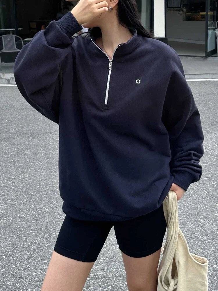 Women Casual Stand Up Collar Pullover Fashion Sports Fitness Hoodies Loose Long-Sleeved Zip Sweatshirt