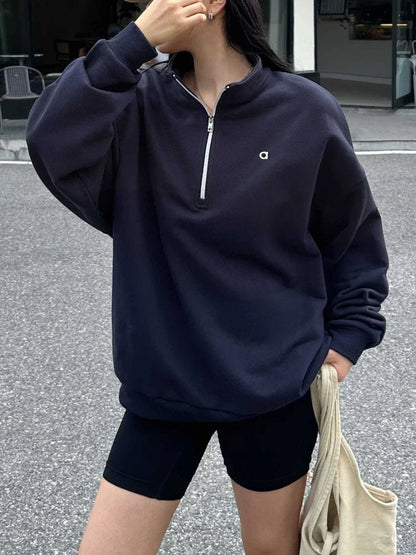 Women Casual Stand Up Collar Pullover Fashion Sports Fitness Hoodies Loose Long-Sleeved Zip Sweatshirt