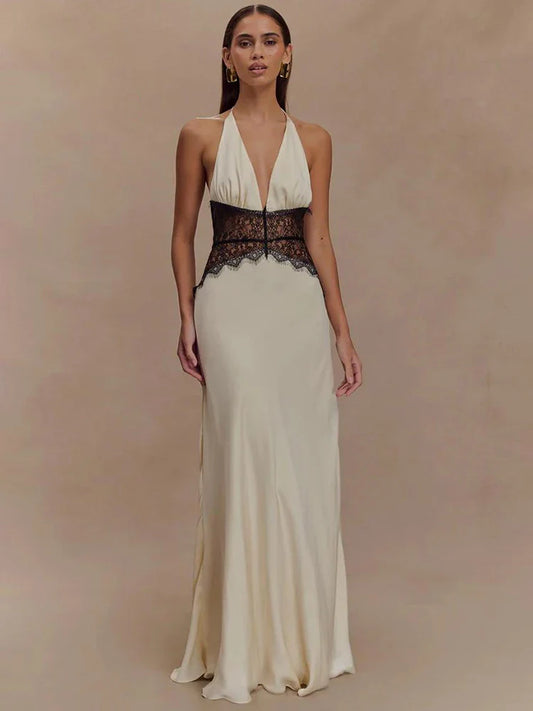 Mozision Summer Backless Sexy Maxi Dress Women Gown Patchwork Lace Halter Deep V Neck Sleeveless High Waist Elegant Long Dress