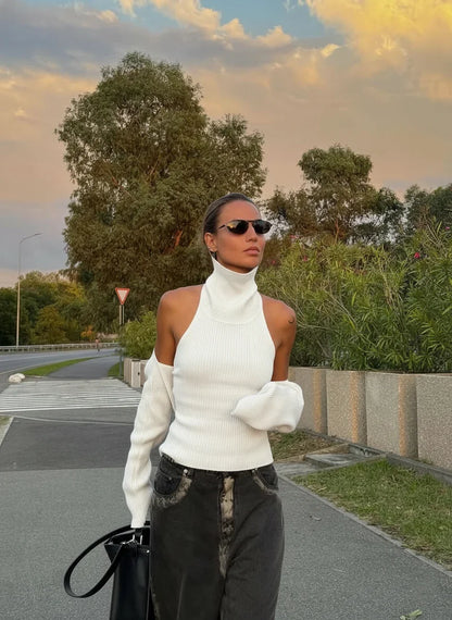 Turtleneck Knit Vest with Cape Sleeveless Slim Fit Set