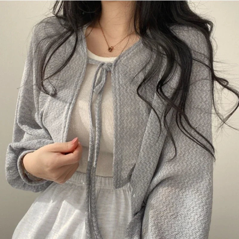 Women's Sunscreen Crop Cardigan - Lace-Up Knit Cover Up