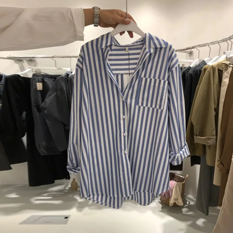Striped Puff Sleeve Polo-Neck Shirt