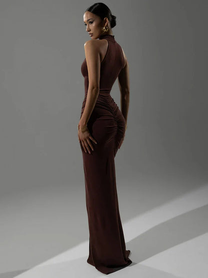 Women's Halter Ruched Maxi Dress - Sleeveless Evening Gown