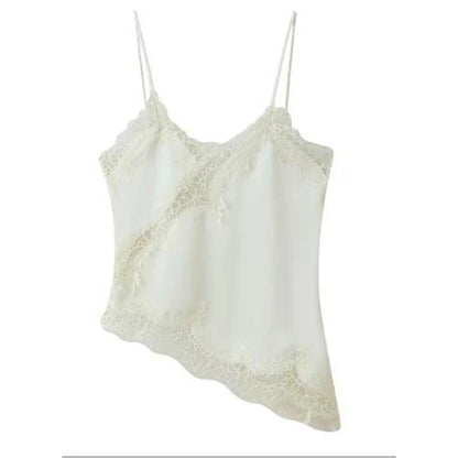 Combhasaki Women Floral Lace Trim Satin High Low Vest Silk Spaghetti Strap Side Split Asymmetrical Cami Flowy Silky Layering Top