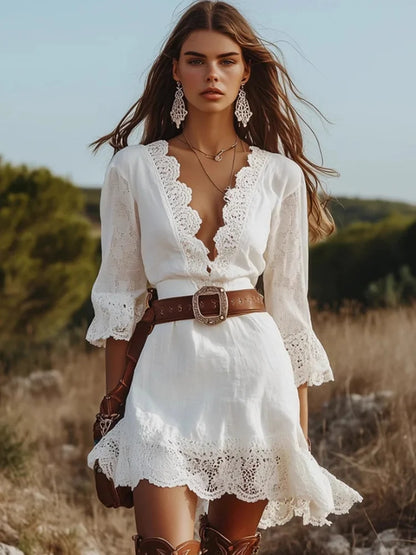 Women's Boho Lace V-Neck Mini Dress