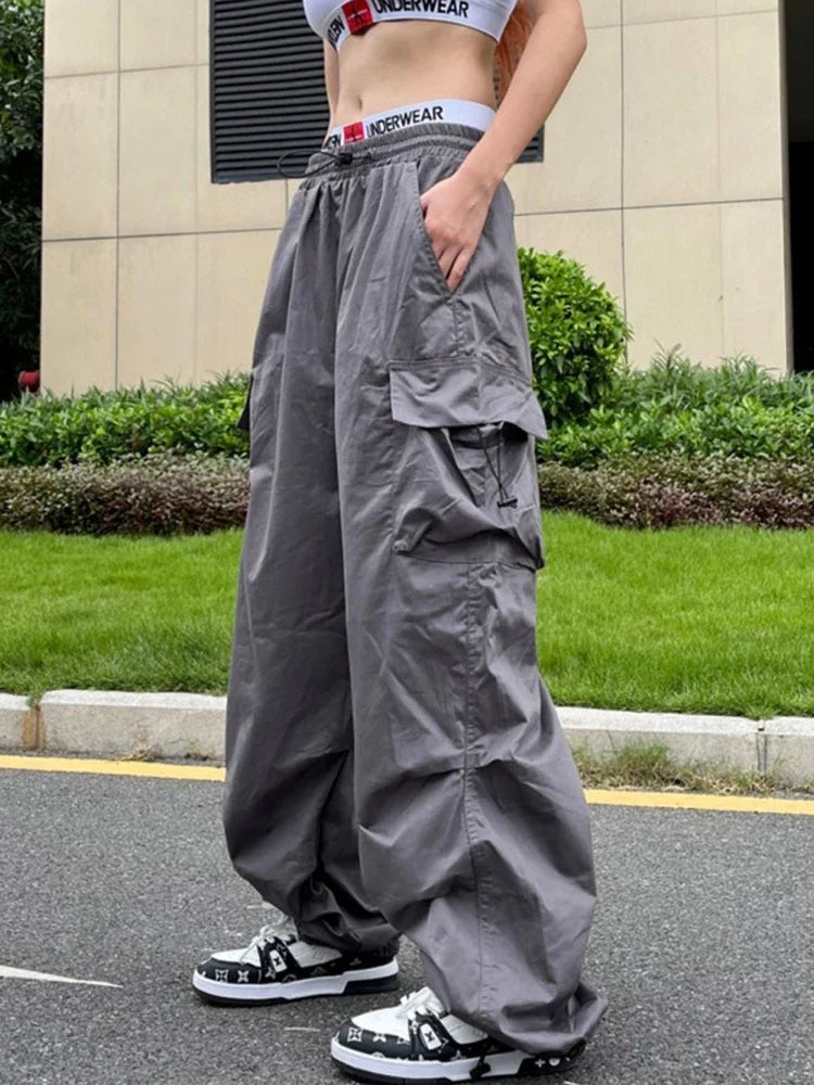 Parachute Cargo Pants High Waist Wide Leg Baggy Pockets Streetwear