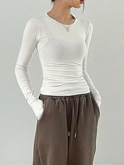 Women Casual Slim Fit Long Sleeve O-Neck T-shirts Tops Spring Fall Solid Color Tees with Thumb Holes Streetwear