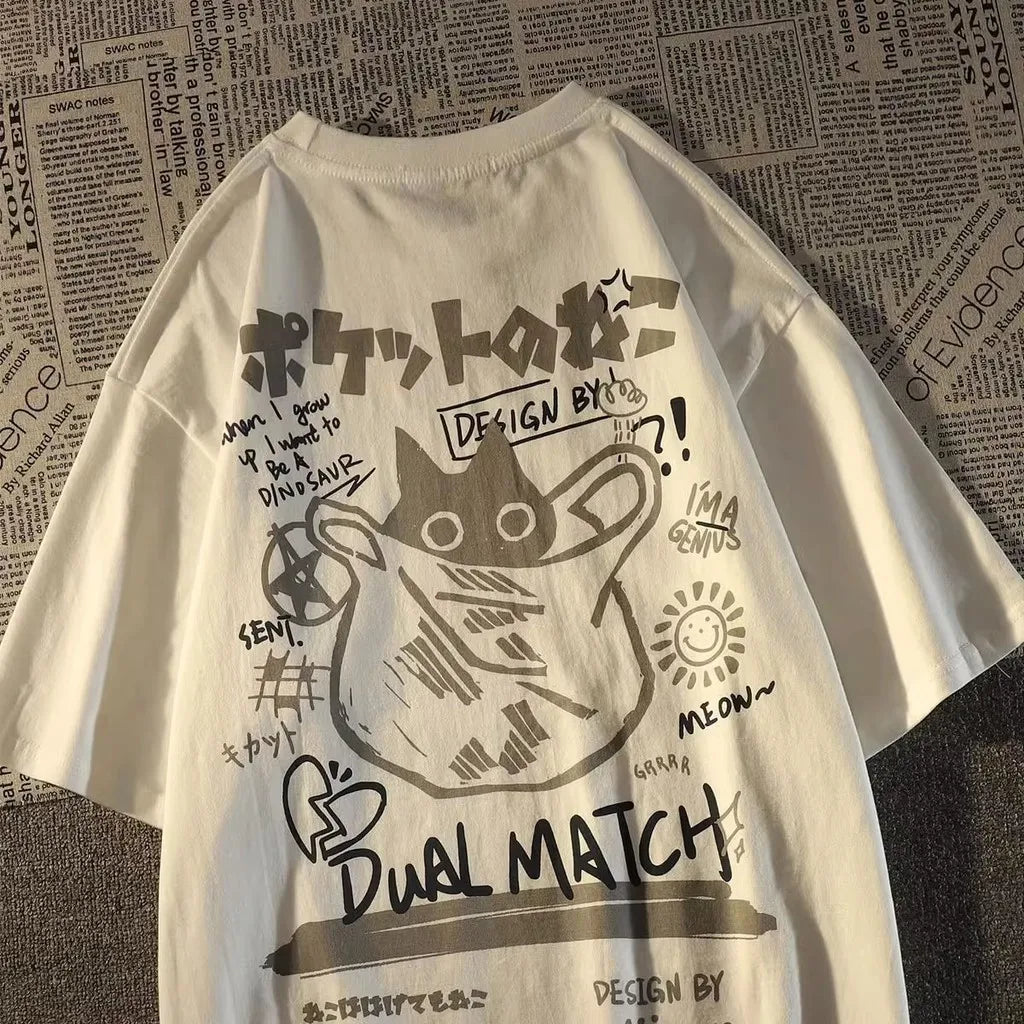 Japanese Retro Pocket Cat Print Oversized Tee