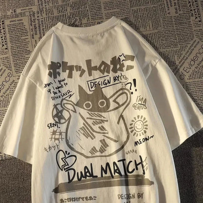 Japanese Retro Pocket Cat Print Oversized Tee