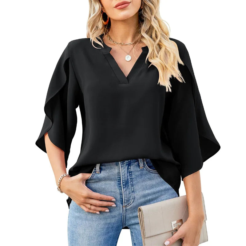 Women's V-Neck Chiffon Flare Sleeve Blouse