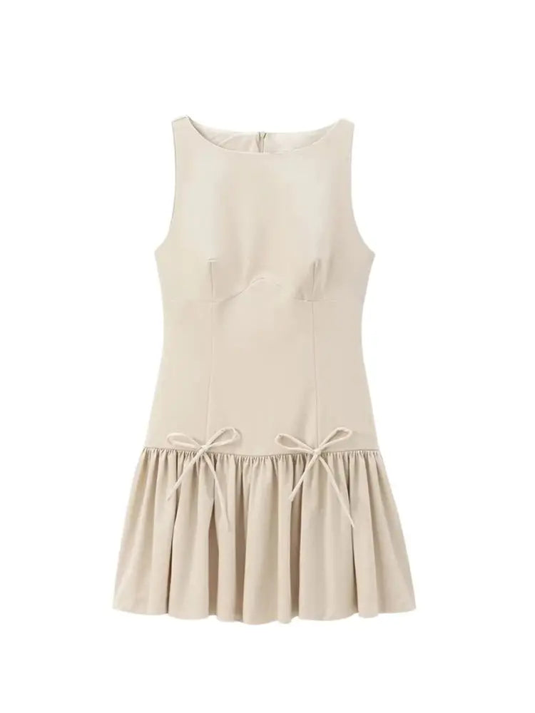 O-Neck Bow Ruffle Sleeveless Back Zipper Mini Dress