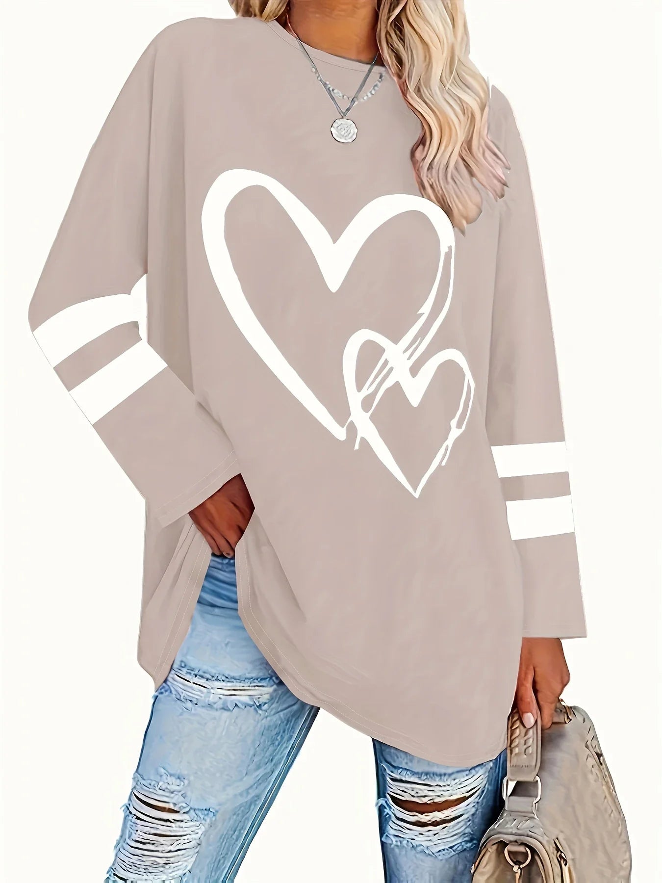 Women's Heart Print Eyelet Long-Sleeve Top