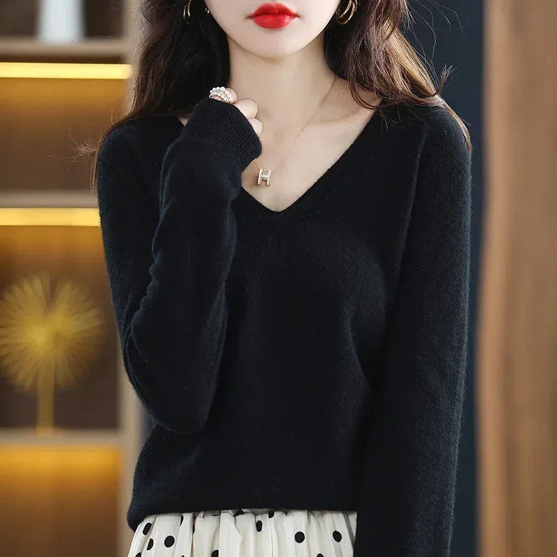 V-Neck Knit Sweater Long Sleeve Slim Fit Pullover