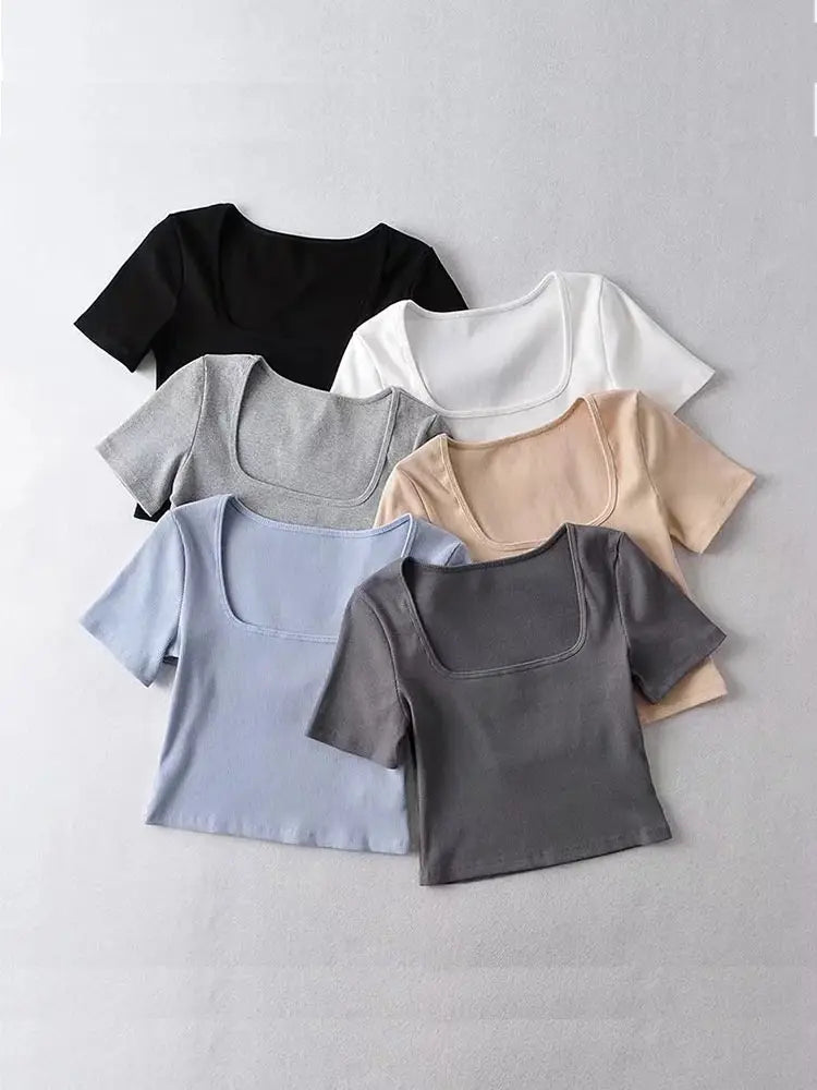 Square Neck Ribbed Short Sleeve Crop Top
