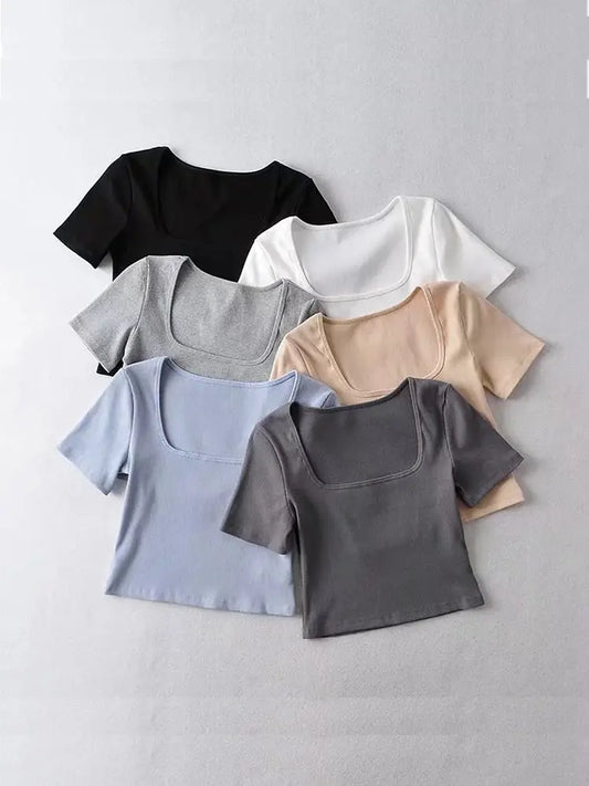 Square Neck Ribbed Short Sleeve Crop Top