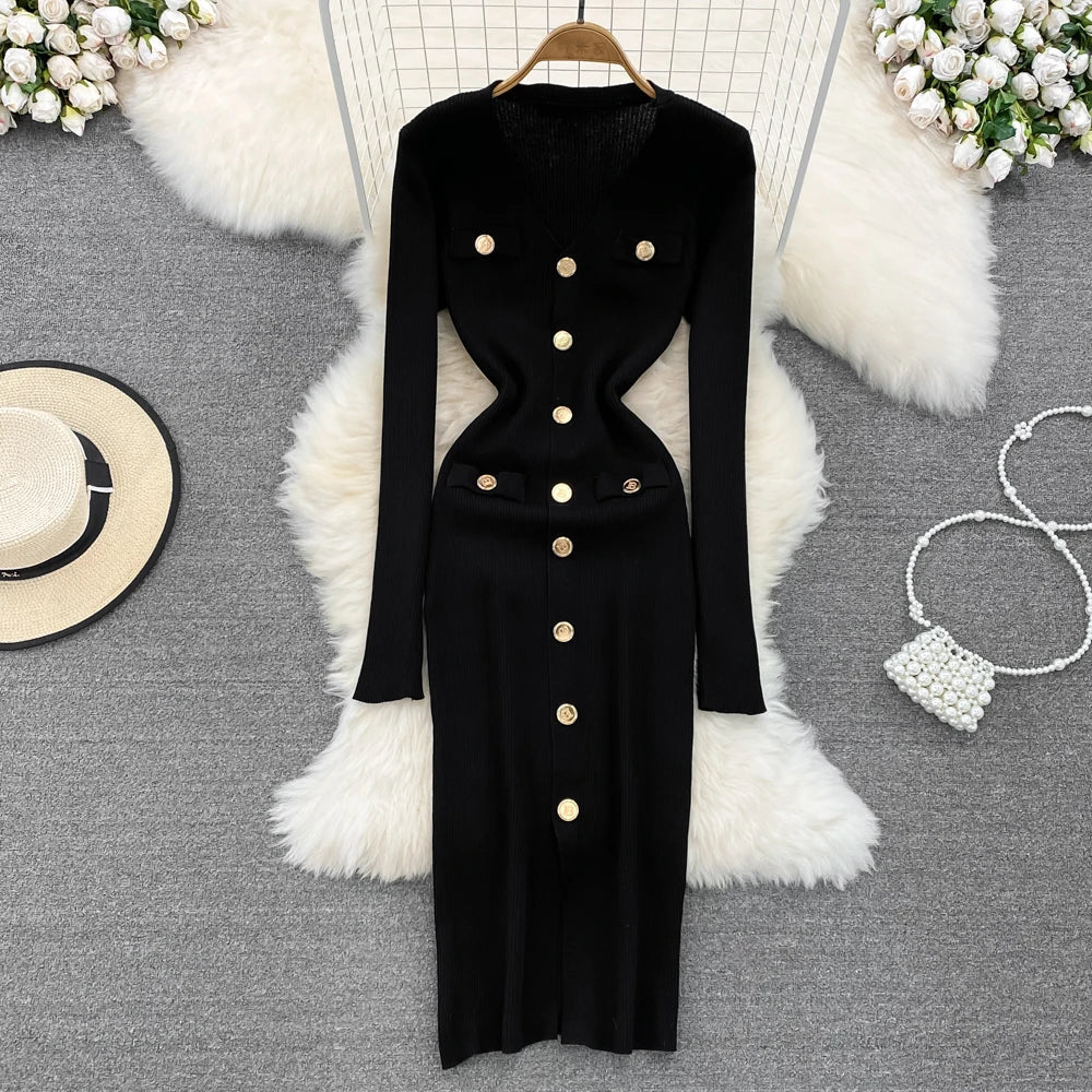 REALEFT Autumn Winter V-Neck Women's Knitted Dresses 2024 New Single Breasted Long Sleeve Solid Front Split Midi Dresses Female