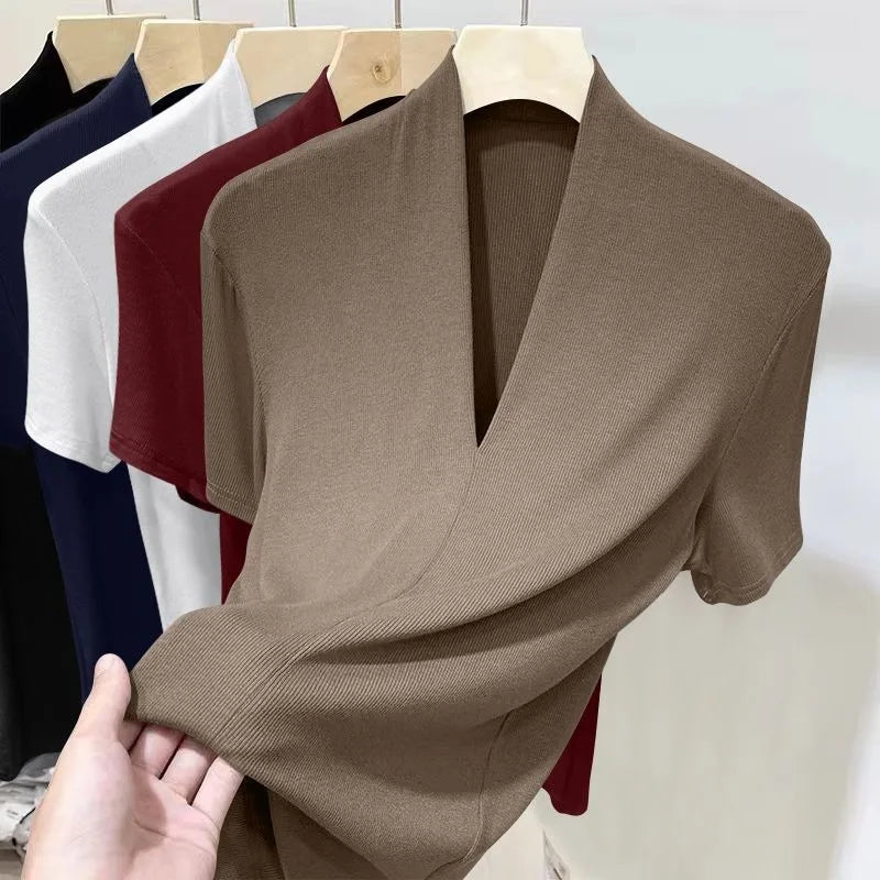 Ribbed V-Neck Short Sleeve Top | Slim Fit Plus Size Women's Summer Tee