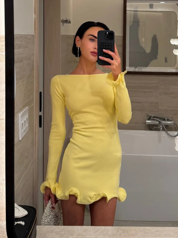 Sexy Pleated Ruffled Midi Dress Women Long Sleeves Round Neck Loose Evening Party Dress