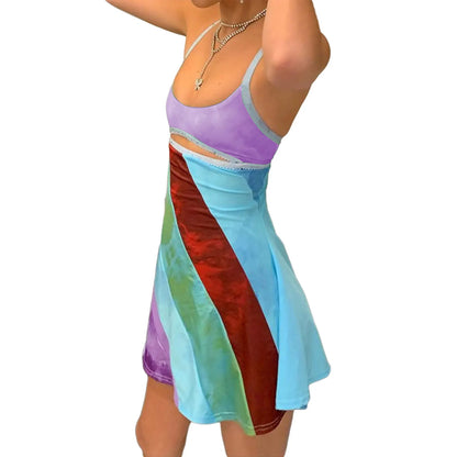 Women’s Casual Sweet Suspender A-line Dress Fashion Contrast Color U-neck Hollow Short Dress
