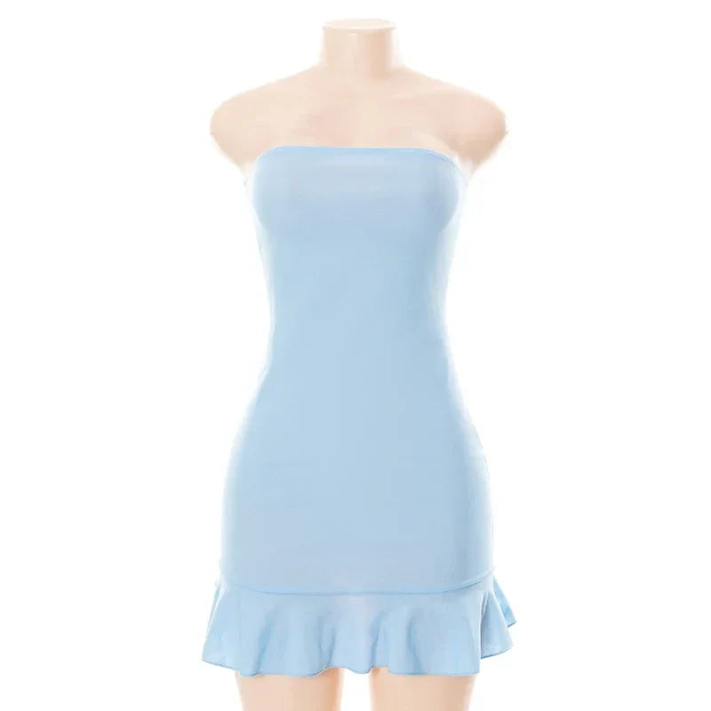 Women Soft Tender Slight Blue Strapless Wrap Hipster Mini Pleated Dress Pullover Sexy Charm Outfits Girls Dating Wear