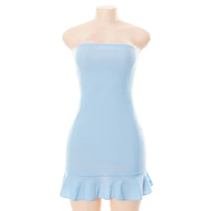 Women Soft Tender Slight Blue Strapless Wrap Hipster Mini Pleated Dress Pullover Sexy Charm Outfits Girls Dating Wear