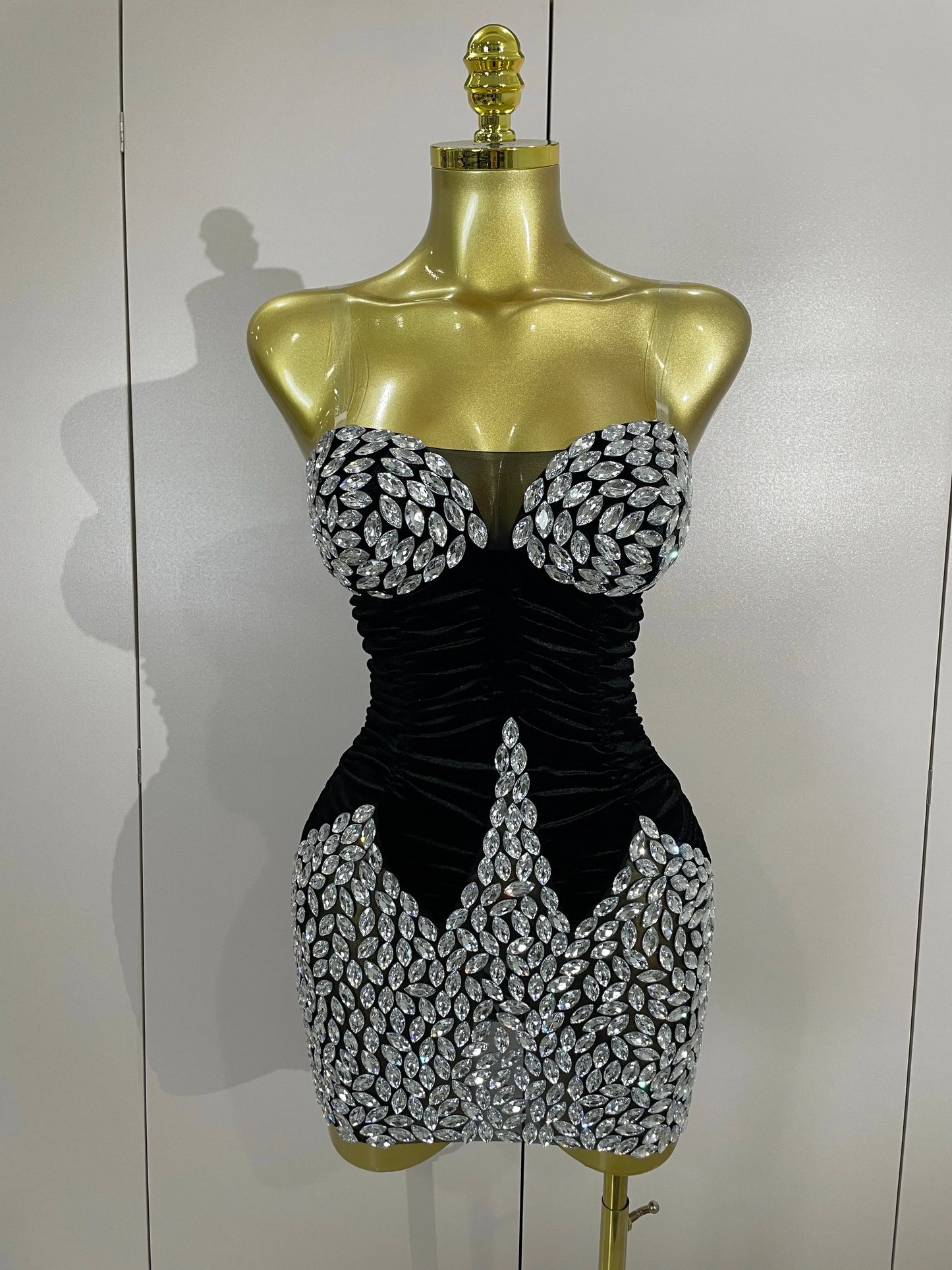 Women's Sparkly Diamond Mesh Velvet Mini Dress