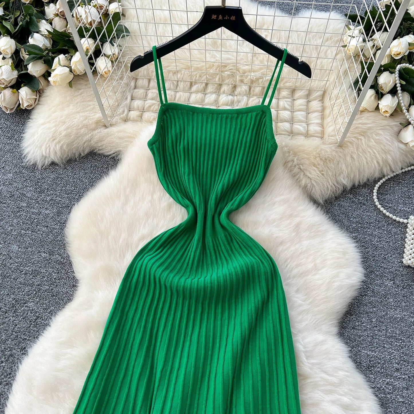 Knitted Pleated Midi Dress High Waist Sleeveless Sling Dress Women Bodycon Streetwear
