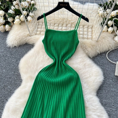 Knitted Pleated Midi Dress High Waist Sleeveless Sling Dress Women Bodycon Streetwear