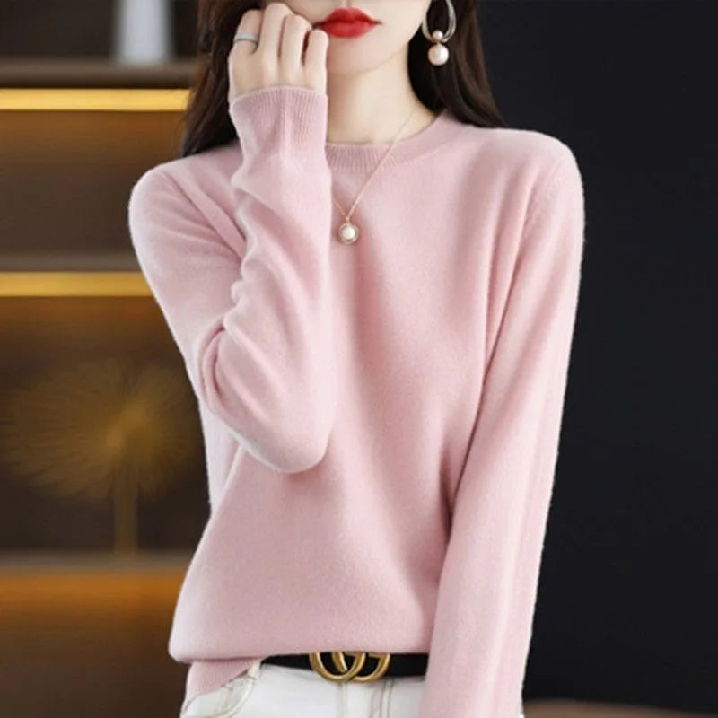 Round Neck Crochet Knit Sweater Long Sleeve Loose Fit Pullover