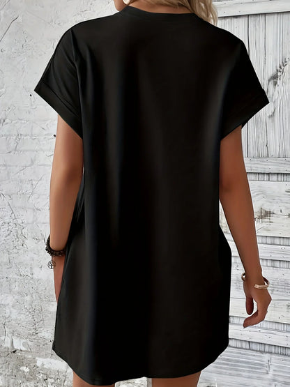 Letter Print Round Neck Short Sleeve Pocket Dress