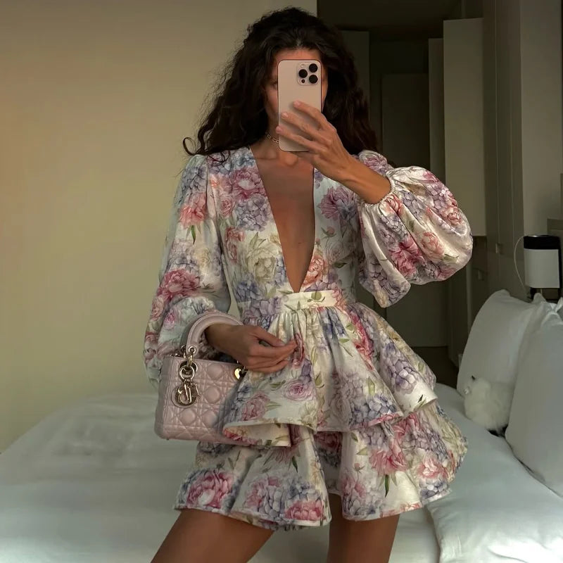Printed Ruffled Hem Deep V-Neck Dress Long Lantern Sleeve Elegant Vacation Party Dress