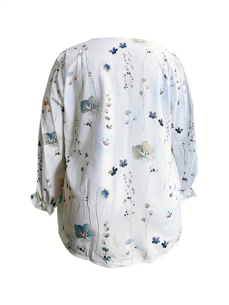 Women's Plus Size Floral T-Shirt - V-Neck Hollow Out Long Sleeve Top