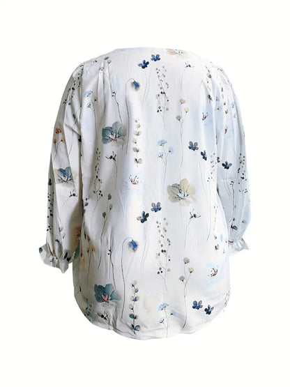 Women's Plus Size Floral T-Shirt - V-Neck Hollow Out Long Sleeve Top