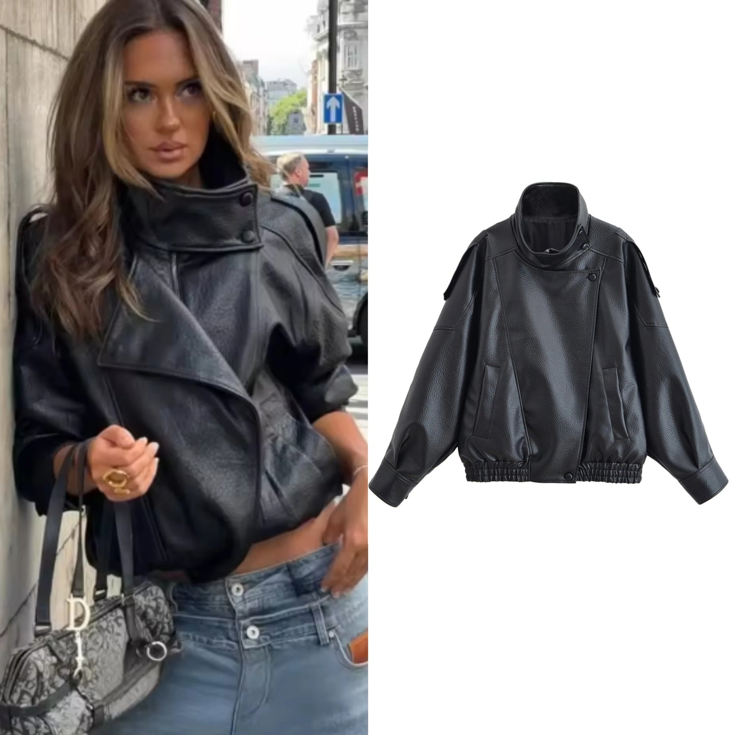 Long Sleeve Pebble Faux Leather Jacket Motorcycle Style Personality Fashion