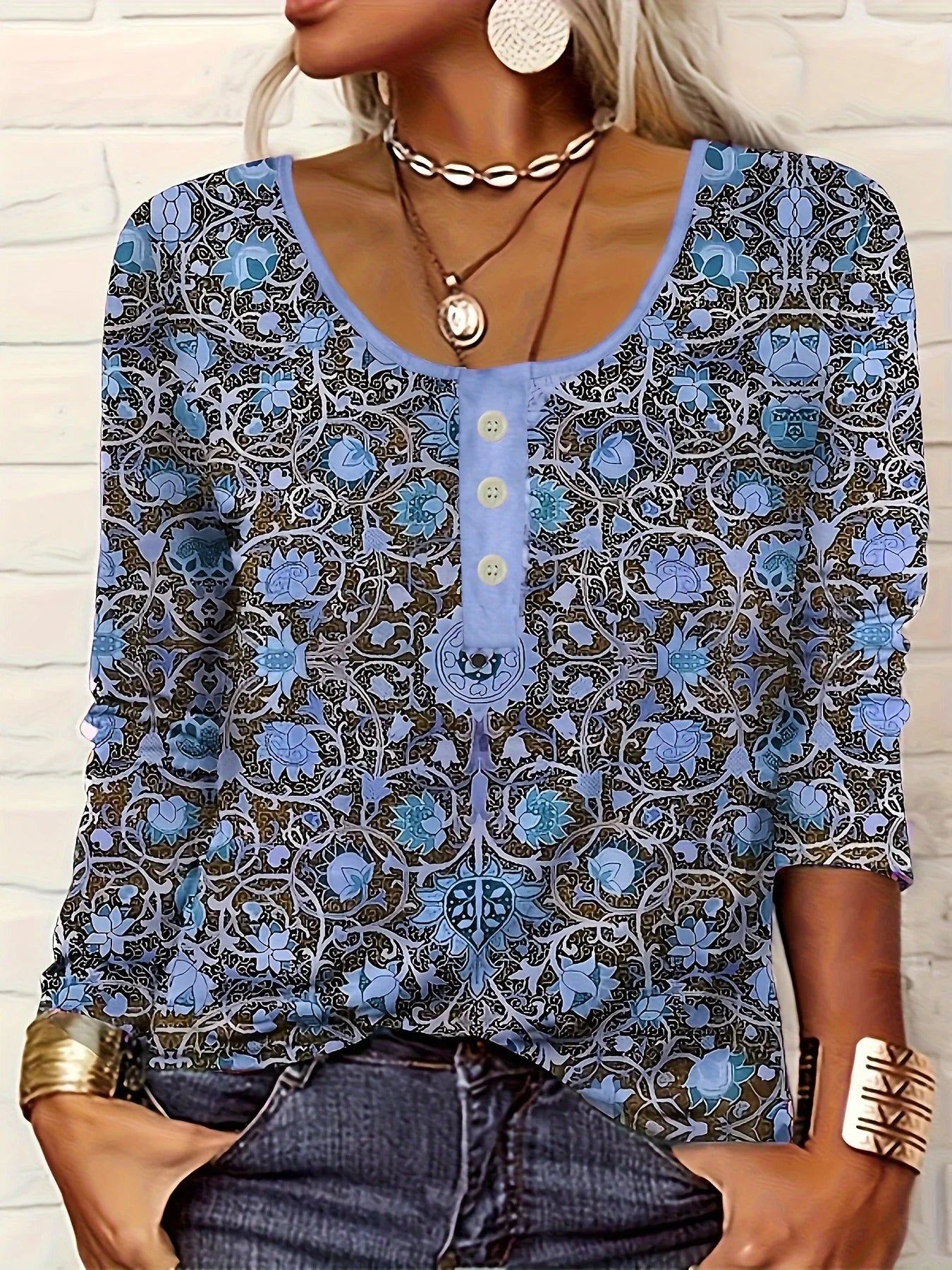 Women's Ethnic Print Long-Sleeve Top