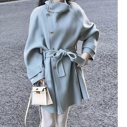 Women's Woolen Coat - Plus Size Belt Closure Long Coat