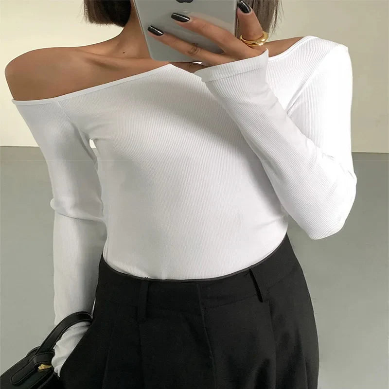 Skew Collar Off-Shoulder Hollow Out Long Sleeve Crop Top
