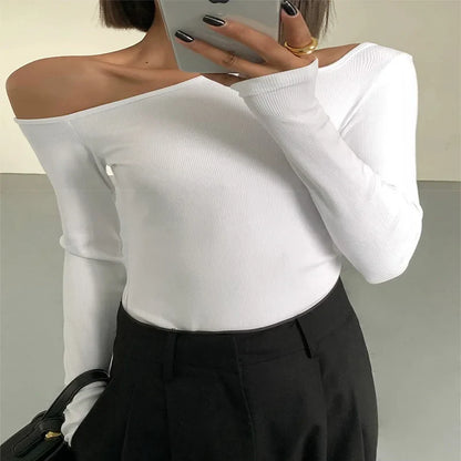 Skew Collar Off-Shoulder Hollow Out Long Sleeve Crop Top