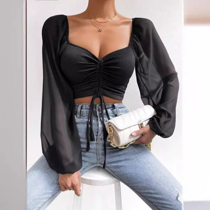 Chiffon Puff Sleeve V-Neck Shirring Top