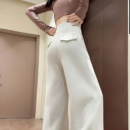 High Waist Straight Pants Loose Fit Pockets Full Length