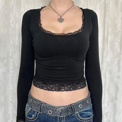 Y2K Fairy Graphic Lace Trim Long Sleeve Tee
