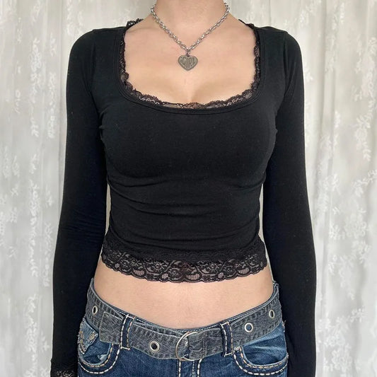 Y2K Fairy Graphic Lace Trim Long Sleeve Tee