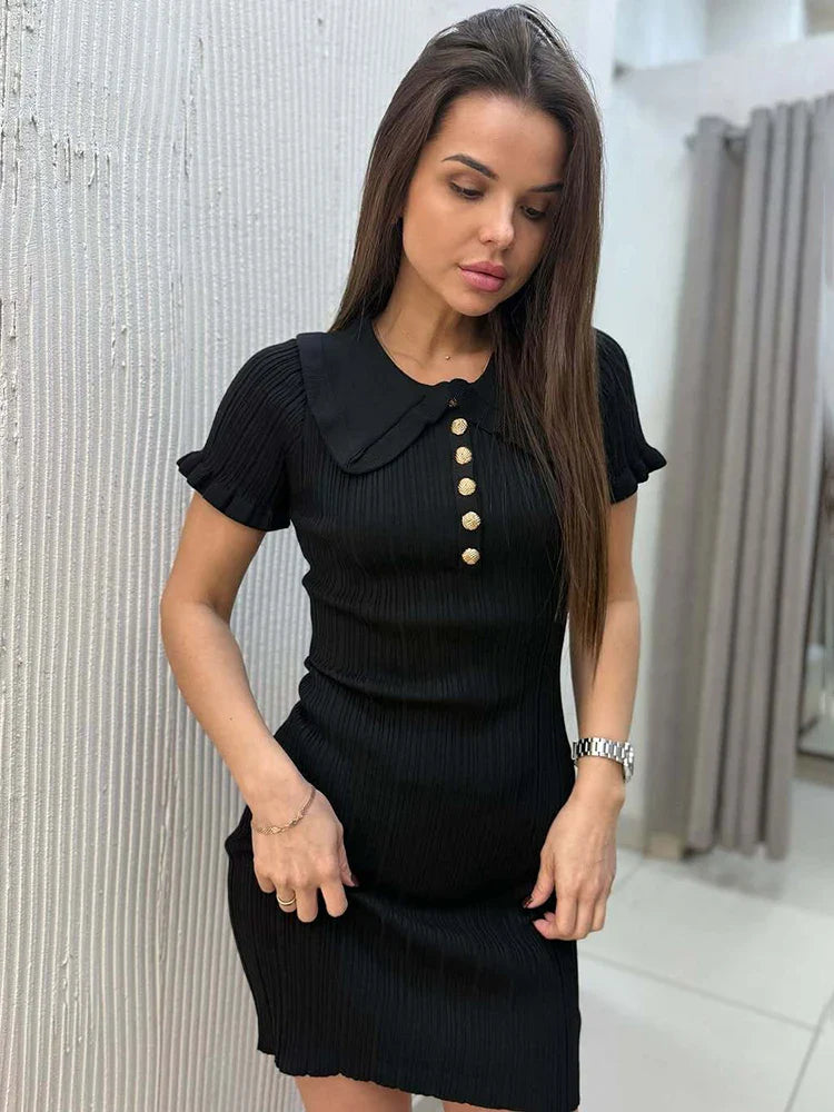 Ruffled Knitted Mini Dress Women High Waist Short Sleeve Bodycon Retro Elegant Dress