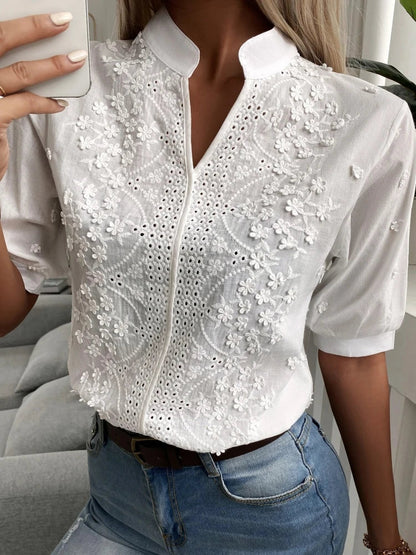 Embroidered Stand Collar Lantern Sleeve Hollow-Out Blouse
