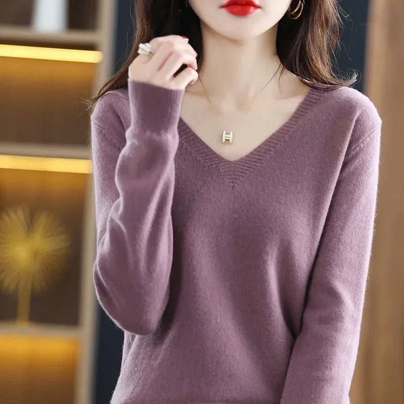 V-Neck Knit Sweater Long Sleeve Slim Fit Pullover