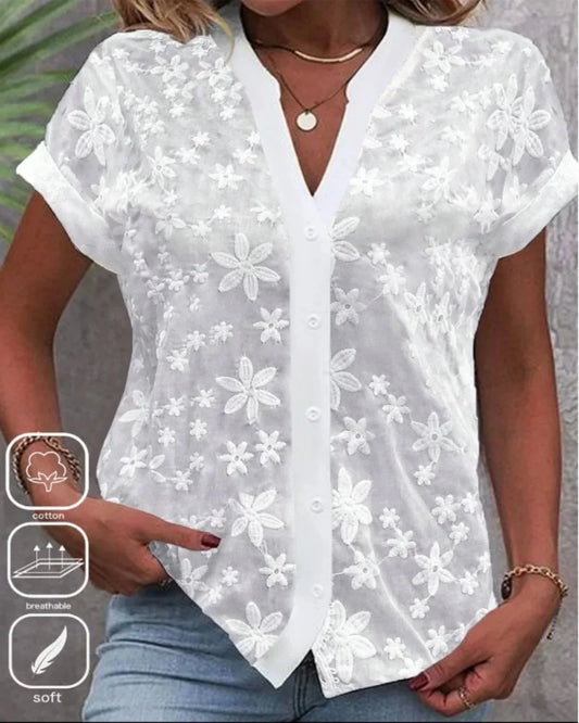 Women's Lace Blouse - Eyelet Embroidery Hollow Out Cropped Top