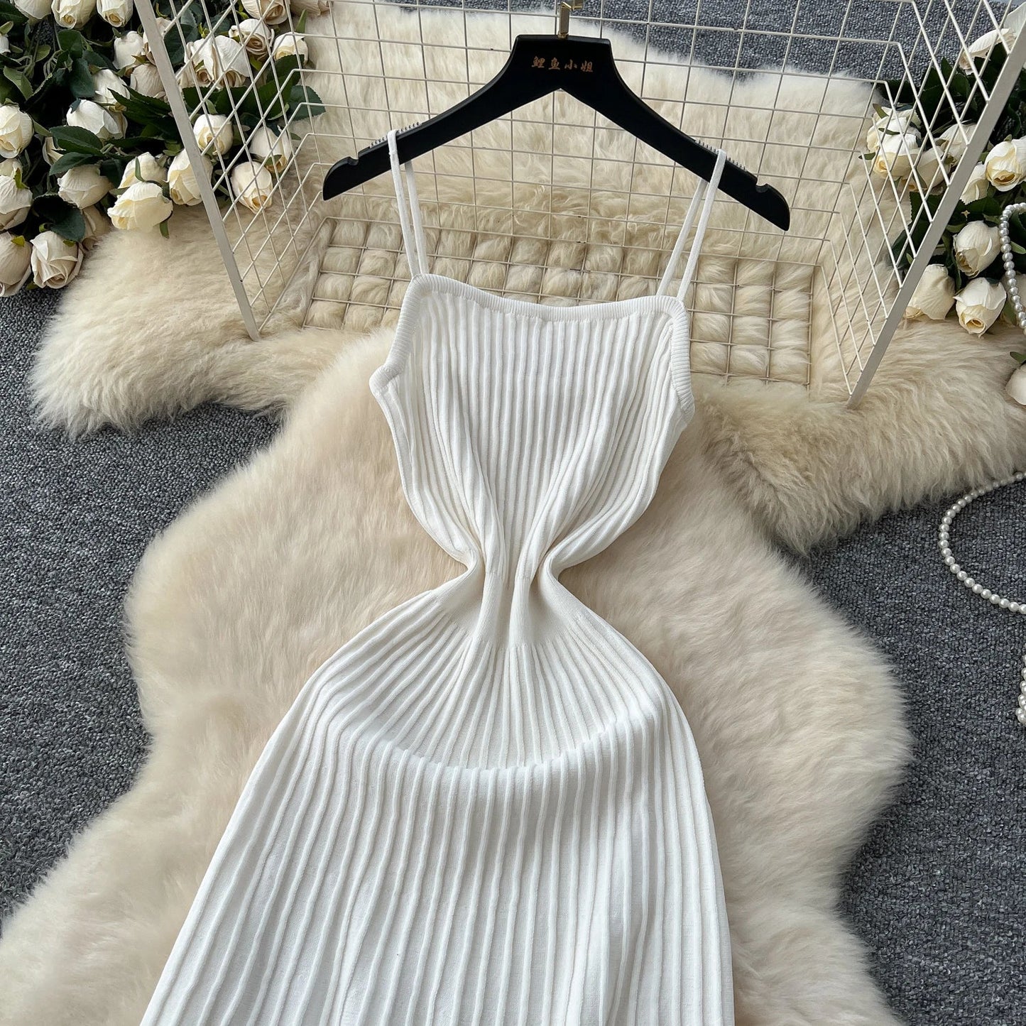 Knitted Pleated Midi Dress High Waist Sleeveless Sling Dress Women Bodycon Streetwear